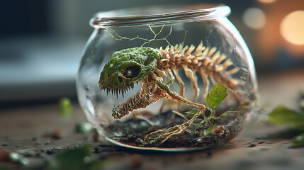 Poster - A captivating terrarium scene featuring a fossilized creature and plant life. It could inspire imaginative art projects or science lessons about evolution.
