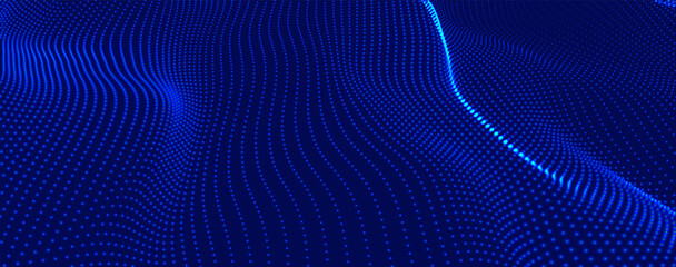 Poster - Futuristic dot wave. Abstract digital particle wave. Technology background. Colored musical wave. Dark background. Digital background with smooth, wavy curves. 3D rendering.
