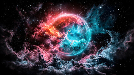 Poster - A cosmic nebula glows with vibrant colors. Use this image for space-themed wallpapers or sci-fi artwork to create a mesmerizing atmosphere.