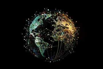 Poster - Digital data processing network connecting global locations with vibrant visual representations, digital data processing over globe with connections on black background