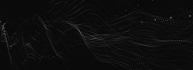 Aufkleber - Futuristic dot wave. Abstract digital particle wave. Black and white music wave. Dark background. Digital background with smooth wavy curves. 3D rendering