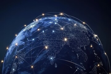  - Global network of connections depicted with illuminated paths across continents and countries at night, network of connections over globe with 6g text