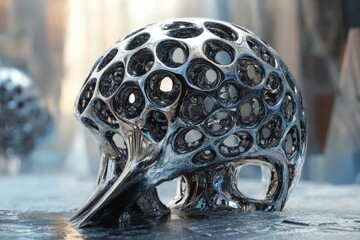 Poster - Exploration of a cybernetic brain neural network sculpture in a futuristic setting, Cybernetic brain neural network artificial intelligence conceptual design