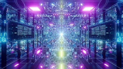 A robotic data tunnel with bright, flickering neon lights. in seamless VJ loop. Perfect for visualization of audio beats in music videos, stage performance walls