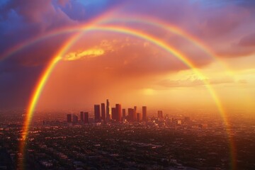 Poster - Rainclouds disperse over Los Angeles revealing stunning rainbow and vibrant sunset hues, Rain passing over city Los Angeles change sunny skyline beautiful double rainbow