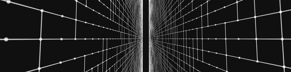 Poster - Futuristic black and white perspective grid. Abstract wireframe with white grid on black background. Virtual landscape in digital style of 80s 90s. Simple perspective grid for design. 3D rendering
