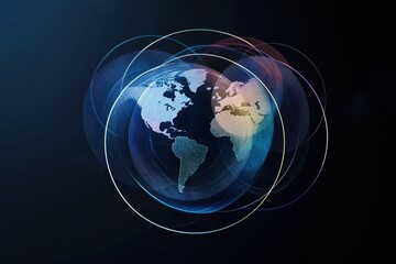 Poster - Circles overlap globe illustrating connectivity on a dark background, circles over globe on black background