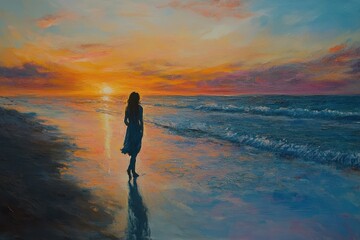 Aufkleber - Colorful sunset over beach with silhouette of a person standing on wet sand near ocean waves, sunset on the beach