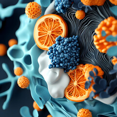 Poster - Abstract composition featuring citrus fruits spherical structures and organic forms. Suggests a health food or scientific theme design. Perfect for posters and digital art.