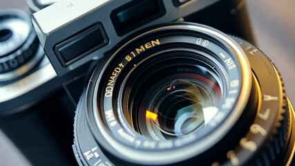 Poster - Close-up of a camera lens reflecting light in a well-lit environment showcasing the intricate details and craftsmanship of photography equipment