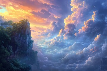 Poster - Dramatic clouds illuminate the sky over rugged cliffs at sunset in a breathtaking landscape, clouds backgrounds dramatic