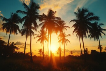 Poster - Sunset over palm trees creates a stunning timelapse of vibrant colors in the evening sky, A beautiful time lapse sunset with the sun setting behind a row a tall palm trees