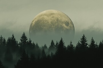 Aufkleber - Giant moon rises above forest silhouette creating a mesmerizing night view, A Giant moon rising over a forest silhouette