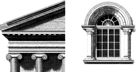 Classical architecture elements: engraved temple façade and arch design for historical art