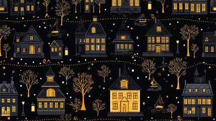 Poster - Black and gold patterned fabric with houses and trees. The houses are small and the trees are bare. Scene is cozy and warm