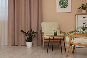 Aufkleber - Stylish room interior with comfortable armchairs and beautiful window curtains
