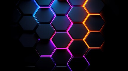 Aufkleber - Black and orange hexagonal pattern with neon lights. The pattern is made up of squares and triangles
