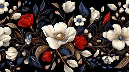 Poster - Black and white floral design with red and white flowers. The flowers are arranged in a way that creates a sense of movement and flow. The design is elegant and sophisticated
