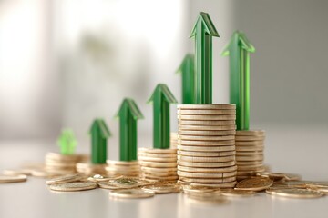 Poster - Growing stacks of coins with upward arrows, indicating financial growth and success, investment returns and increasing wealth on a light background.