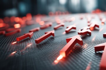 Poster - A group of red arrows pointing forward on a dark surface, representing a business growth and development, showing direction and positive trends for company future.