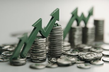 Poster - Rising financial growth shown with green arrows and coin stacks, indicating investment success, wealth building, and a positive upward trend in business and the economy.