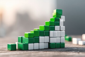 Poster - Green and white blocks stacked in an ascending bar graph formation, representing growth and success, symbolizing progress and achievement on a wooden surface.