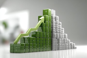Poster - A bar graph constructed from green and gray cubes displaying growth, with a green arrow pointing upwards, symbolizing market success and positive economic development.