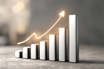 Poster - Rising Bar Chart with Golden Arrow Symbolizing Growth and Progress on concrete background, indicating business success and market improvement over time.
