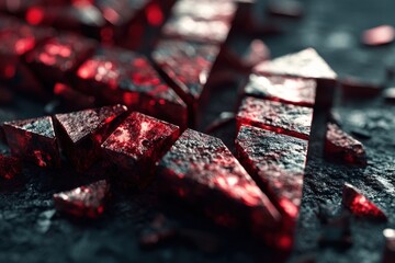 Poster - A close-up view of ruby red crystal shards on a dark textured surface, evoking feelings of power and mystery with their sharp, geometric forms.