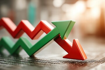 Poster - The conceptual image shows an illustration of financial data trend with rising and falling arrows, representing economic fluctuation and market uncertainty, investment strategy.