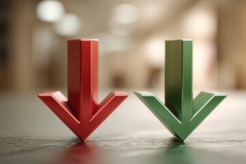 Poster - A close-up of green and red arrows pointing down, symbolizing contrasting financial trends, investment losses, and economic downturns in the business sector.