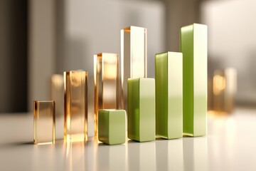 Poster - A 3D render illustration of a vibrant growth chart with gold and green bars, symbolizing economic progress and financial success, highlighting market trends.
