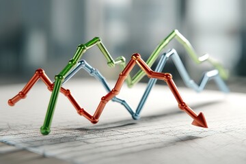 Poster - A close-up of colorful economic trend lines showing upward and downward movement, demonstrating the volatility and fluctuations of the market and business cycles.