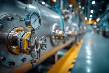 Poster - A close-up view of industrial machinery, featuring a pressure gauge, valves and pipelines, illuminated by bright lights, showcasing the complex engineering inside the plant.