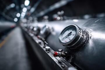 Poster - A close-up of industrial pressure gauges on a long row of metal tanks, highlighting precision and engineering in a manufacturing or processing plant environment.