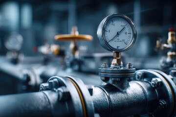 Poster - A close-up shot of industrial pipeline fittings and a pressure gauge, showcasing the intricate details of the equipment, with a shallow depth of field, blue and gold colors.