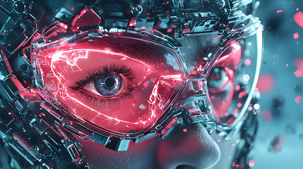 Poster - A cyberpunk image showing a person wearing futuristic augmented reality goggles. It's a futuristic digital technology concept suggesting a visual display interface.