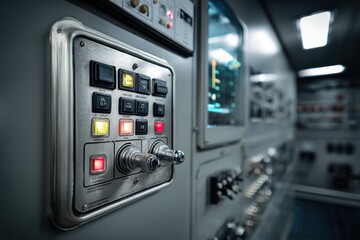 Poster - Close-up of a complex control panel with illuminated buttons and metallic switches, showcasing advanced technology and intricate design, displaying vibrant colored lights.
