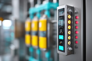 Poster - Automated machinery with a control panel of buttons and digital display in production line, demonstrating modern manufacturing technology and process management.