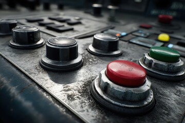 Poster - Close-up of an old, weathered control panel with various buttons and knobs, showing signs of wear and vintage aesthetics, perfect for sci-fi or industrial designs.