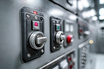 Poster - A close-up of a control panel with switches, lights, and buttons, indicating operational status and functionality in an industrial setting, focusing on engineering precision.