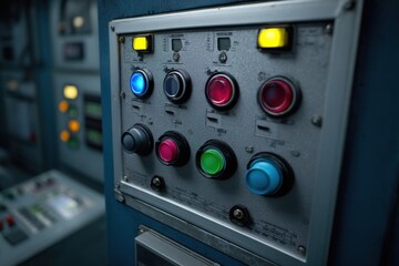 Poster - Close-up of a complex control panel with various colorful buttons and lights, offering detailed view of industrial equipment with multiple settings and indicators, creating a sense of technology.