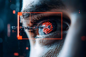 Poster - Futuristic cyborg eye with robotic enhancements. Potential application is in advanced medical diagnostics and vision augmentation technology.