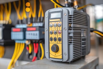 Poster - Close-up shot of a welding machine control panel showcasing industrial technology, with a focus on precision and functionality in a workshop setting.