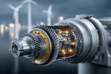 Poster - Close-up of a complex gear system with intricate details and advanced technology, showcasing the inner workings of a high-precision machine, with wind turbines in the distance.