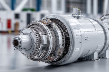 Poster - close-up of a meticulously crafted industrial gas turbine showcases complex engineering, highlightin
