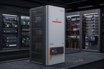 Poster - A close-up shot of a modern data server in a high-tech server room featuring advanced technological design and professional hardware equipment for data processing.