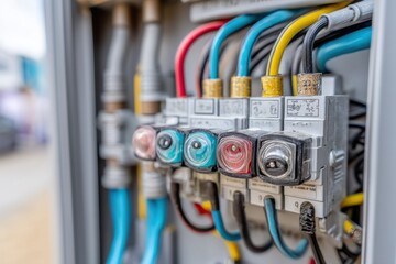 Poster - Close-up of a complex electrical control panel with fuses, wires, and connections, showing the detailed components and wiring system for industrial or residential power distribution.