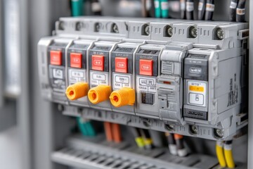 Poster - Close up of electrical switchboard with circuit breakers and protective terminals, demonstrating circuit protection and electrical safety, industrial electrical equipment.