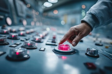 Poster - A close-up shot capturing a human hand pressing a large, illuminated red button on a complex control panel, featuring numerous other buttons and lights.